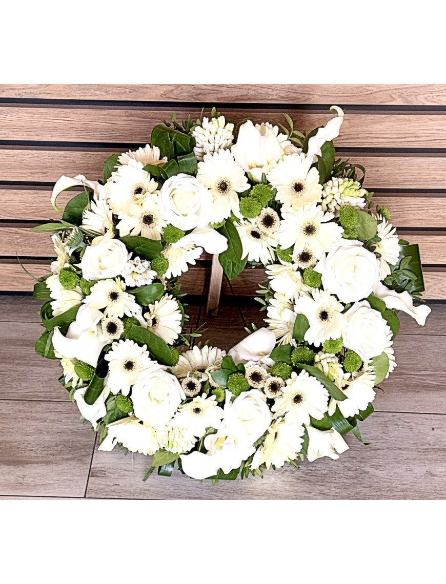 Coroana funerara cu cale, trandafiri, gerbera, santini si tuberose