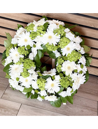 Coroana funerara cu hortensii, gerbera si crizanteme