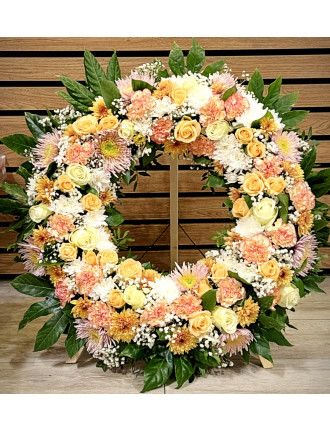 Coroana funerara cu trandafiri, crizanteme, garoafe si gypsophila - 80cm